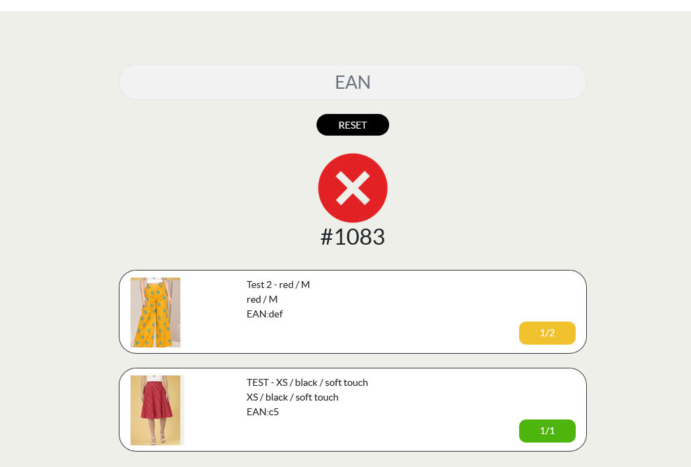 Warehouse page after scanning the product 