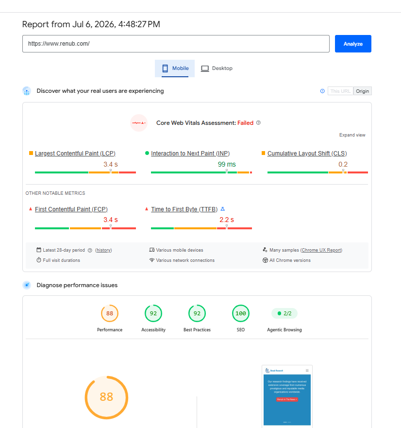 Core Web Vitals Assessment - Renub Research on mobile